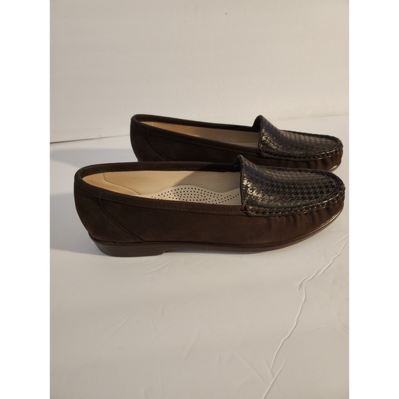 SAS Tripad Comfort Brown Suede Houndstooth Leather Moc Toe Loafers Womens 9.5 M - Picture 2 of 6